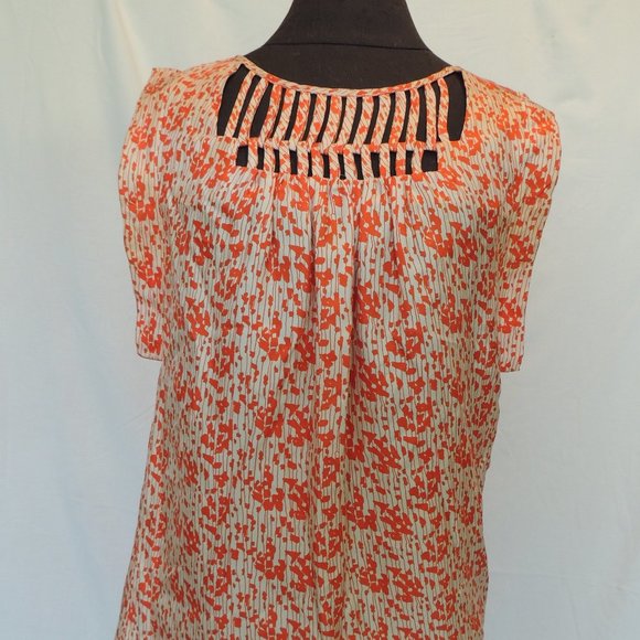 Loeffler Randall Sz 0 Blouse Cut Out Neck Silk Orange White Sleeveless - Picture 1 of 4